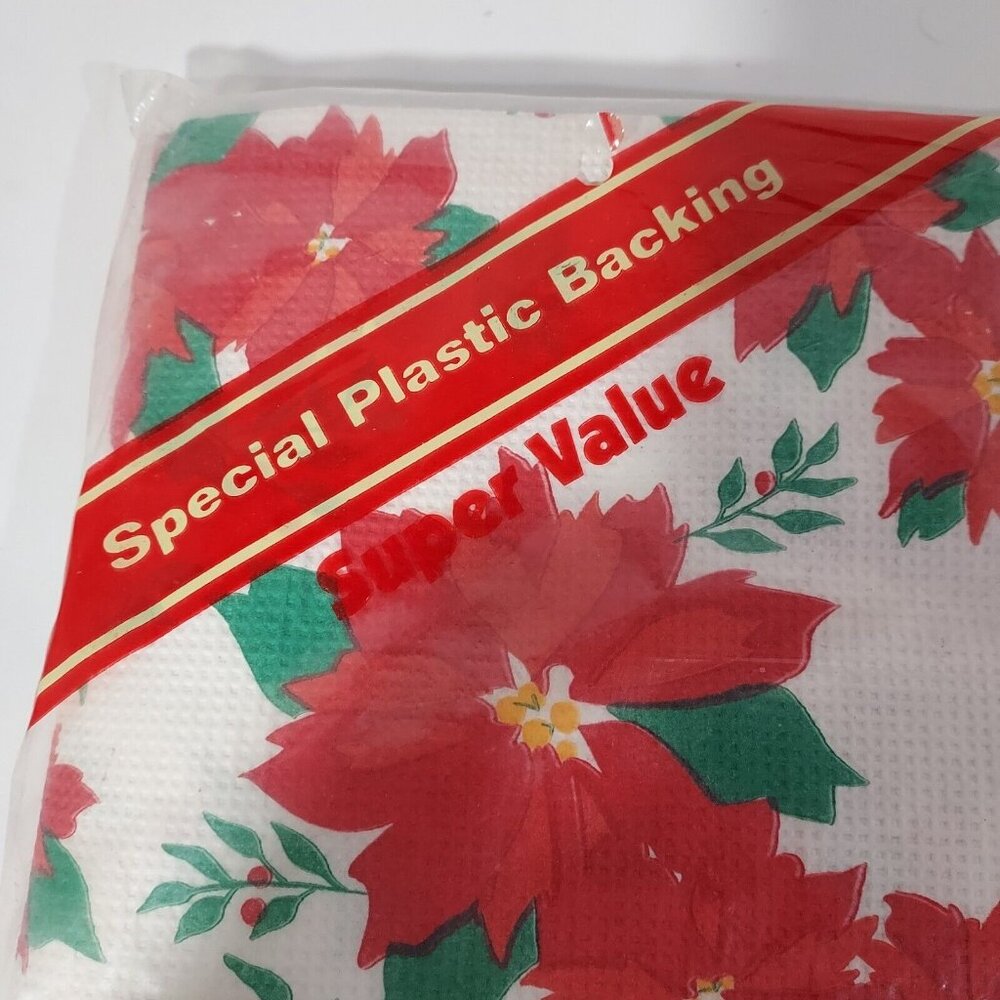 Table Cover Poinsette Paper  51" x 96" Plastic Back New Vintage Beach Brand - Picture 2 of 7